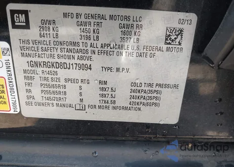 2013 Chevrolet Traverse 1Lt z USA, uszkodzony, nr VIN 1GNKRGKD8DJ179094